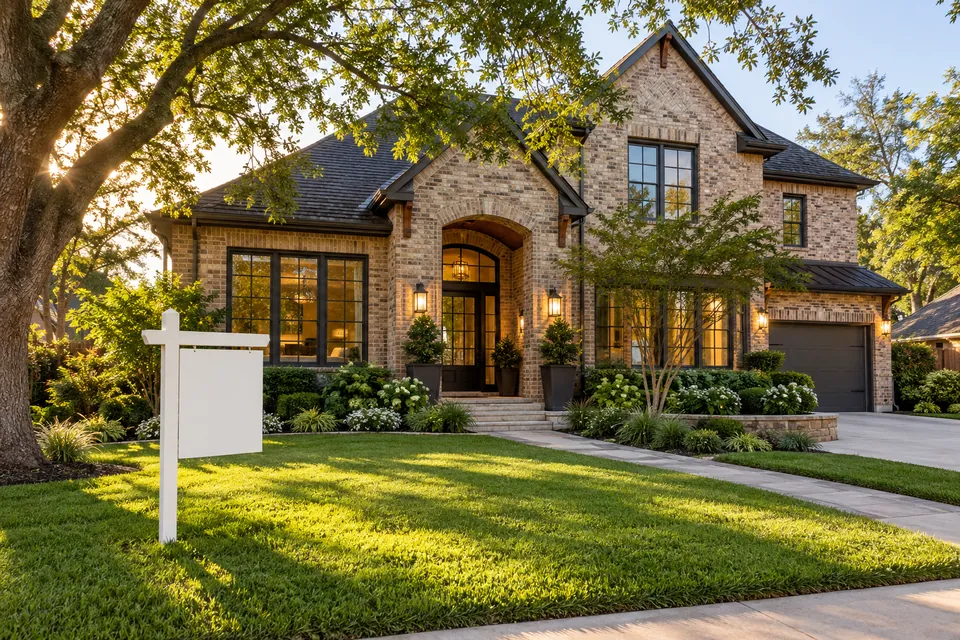 A family home with a blank yard sign out front